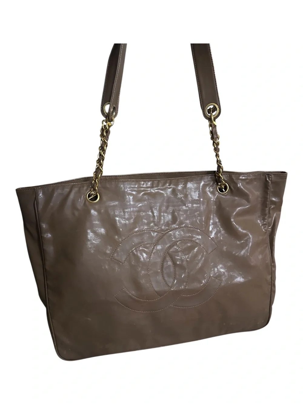 RARE Chanel Vintage XL CC Coated Canvas Chain Tote Brown 3 Series w/Auth Card